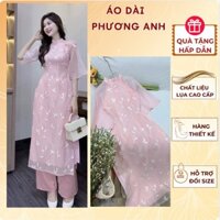 Áo dài cách tân tơ thêu màu hồng Áo Dài Phương Anh- vải lụa  mềm mịn, size từ S-3XL,hoạ tiết thêu