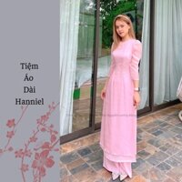 Áo dài cách tân trắng hồng, 4 tà, voan mềm, cổ tròn, tay lỡ, đính nơ kết hạt, hàng may sẵn [ ẢNH THẬT CỦA TIỆM ]