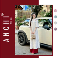 Áo Dài Cách Tân Vải Gấm Long Phụng, cổ tròn tay lỡ đính nơ hoa đá sang trọng - Áo Dài ANCHI