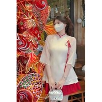 Áo dài cách tây tay lỡ cổ trụ viền đỏ thắt nơ+ Chân váy ngắn xòe đỏ Váy đầm đi chơi lễ tết đồ truyền thống vintage T574G