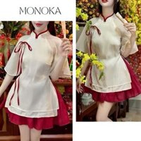 Áo dài cách tây tay lỡ cổ trụ viền đỏ thắt nơ+ Chân váy ngắn xòe đỏ Váy đầm đi chơi lễ tết đồ truyền thống vintage T574G