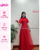 Áo dài cải cách red color tay cánh tiên đính hoa uốn lượn - Xưởng may Min