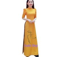 Áo dài chấm bi tay phồng lụa hàn châu  áo dài nữ  áo dài truyền thống - S - Áo Vàng Chấm Trắng