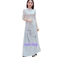 Áo dài chấm bi tay phồng lụa hàn châu  áo dài nữ  áo dài truyền thống - S - Áo Trắng Chấm Đen