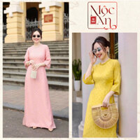 Áo Dài Chấm Bi Vải Đũi Vân Mây Tay Loe cổ tết- Áo Dài Mộc An