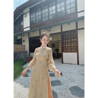 Áo dài chi giao tơ 4 tà tay loe thêu hoa nổi [Riêng áo]