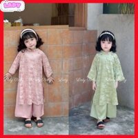 Áo dài cho bé ĐÀO TRÚC chất gấm mềm mịn kèm quần lụa phi bóng, áo dài tết cho bé gái LADY BABY