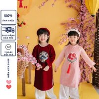 Áo dài cho bé gái Hiên Viên Áo dài cách tân bé gái Tết 2025 chất nhung cao cấp màu đỏ màu hồng HVADTG01