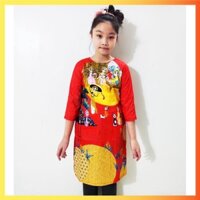 ÁO DÀI CHO BÉ GÁI MẶC TẾT, ÁO DÀI TRUYỀN THỐNG IN HOA VĂN TẾT CỔ TRUYỀN ADTEIHV-Đỏ