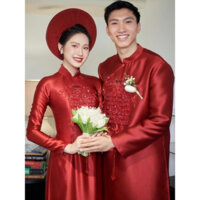 Áo dài cô dâu, áo dài cưới Đoàn Văn Hậu Hải My áo dài ăn hỏi, áo dài cặp đôi cô dâu chú rể màu đỏ cao cấp, áo dài nam nữ