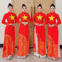 Áo dài cờ đỏ sao vàng, ảnh shop tự chụp, đồng phục nổi bật- Áo Dài Phương Anh Nữ -M12 - tà dài 136cm, cổ 3cm tay dài