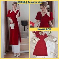 Áo dài cổ yếm đỏ, Set áo dài cách tân mặc Tết 2023 có size vải lụa giãn SOTINA.