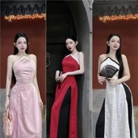 Áo Dài Cổ Yếm Phối Kiềng, Xẻ Tà, Sẵn Đệm Mút, Kèm Quần Lụa Dài 103cm, Sang Trọng Pha Lẫn Hiện Đại - Mã SP: A62