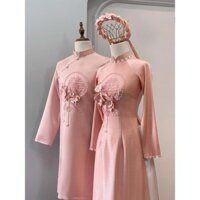 Áo dài cưới, áo dài ăn hỏi cô dâu Thược Dược Hồng, áo dài cô dâu, áo dài dạm ngõ vải lụa vân gỗ cao cấp