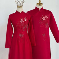 Áo dài cưới, áo dài cô dâu hoạ tiết Quạt Thêu, áo dài ăn hỏi dâu rể lụa vân gỗ đính kết cao cấp