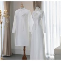 Áo dài cưới, áo dài cô dâu hoạ tiết Quạt Thêu MÀU TRẮNG, áo dài ăn hỏi dâu rể, áo dài cặp lụa vân gỗ đính kết cao cấp