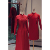 Áo dài cưới, áo dài cô dâu hoạ tiết Hoa Cúc Đỏ, áo dài ăn hỏi dâu rể, áo dài cặp lụa vân gỗ đính kết cao cấp