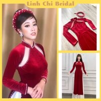 Áo Dài Cưới Cô Dâu - Áo Dài Nhung Đỏ May Viền 2 Bên Ngực Kèm Đính Ngọc Cao Cấp Sang Trọng-MS11