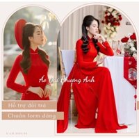 Áo dài cưới màu đỏ may mắn, đính ngọc sang trọng - Áo Dài Phương Anh Nữ - tà dài 140cm, lụa mềm mịn, co dãn