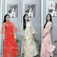 Áo Dài Dáng Suông Thêu Tranh Thuỷ Mặc Tứ Quý Cổ Tròn Tay Lỡ Loe, Áo Dài 4 Tà Voan Tơ Thêu Lót Lụa Cao Cấp