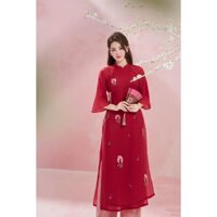 Áo Dài Dáng Xuông Thêu Hoa vải voan tơ crep  màu Đỏ may 4 tà dễ mặc mọi sự kiện