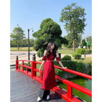 Áo dài đỏ cổ yếm tay bí