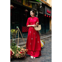 Áo dài đỏ dáng xuông hoa thuê phù hợp cho ngày tết trẻ trung mềm mại chụp lên ảnh sáng hàng cao cấp đẹp