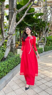 Áo dài đỏ tơ ánh kim phối dây kết đá hiện đại-AD12 - Riêng áo đỏ - Size S