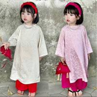 Áo dài đôi mẹ và bé , áo dài cách Tân cổ tròn màu Hồng nude và màu be