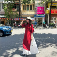 Áo Dài Đũi THUỲ MIÊN Thêu Hoa Đính Cúc Ngọc Kèm Chân Váy Dáng Dài Cạp Chun Có Lót Lụa Trong HAVANA Samsu.clothing_saigon