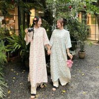 Áo dài DƯƠNG TỬ in hoạ tiết hoa mùa xuân phối nơ đôi kèm quần lụa Satin HAVANA AD169