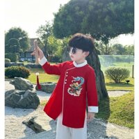 Áo Dài Gấm Cách Tân Bình An In Rồng Cho Bé Trai 9-25Kg, Áo Dài Tết Vải Gấm Kèm Quần Lụa Cho Bé Trai HANNAH KIDS
