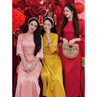 Áo Dài Gấm Cách Tân Nữ Dáng Suông Linh Thuỳ Cổ Tròn Đính Cúc May Sẵn