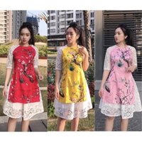Áo dài gấm chim hoa đào + váy ren trắng