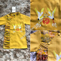 Áo dài gấm cho bé trai thêu chim hạc nổi bật cao cấp diện tết sự kiện hiện đại, Áo dài trẻ em con nít may sẵn màu Vàng