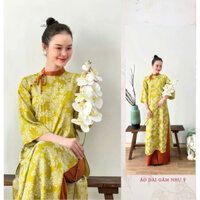 Áo dài gấm Hoa Hồng dáng suông cách tân,cổ lệch đính nơ-Áo dài Bông Bông