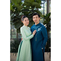 Áo dài gấm hoa mai xanh mint