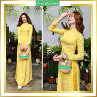 Áo dài gấm hoa nhí cao cấp màu vàng truyền thống giáo viên đi dạy may sẵn sang trọng