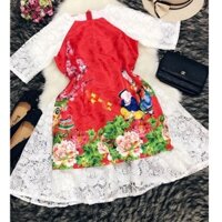 Áo dài gấm họa tiết hình r bé hoa đào váy ren