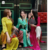 áo dài gấm hoạ tiết hoa nhí và quần phi bóng cao cấp mẫu mới nhất năm 2024