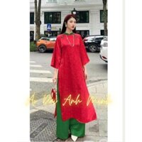 Áo dài gấm suông phối cổ màu đỏ - Áo Dài Anh Minh