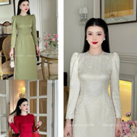 Áo Dài Gấm Truyền Thống Thiết Kế Cổ Thiết Kế Cổ Tròn Đính Ngọc Cách Điệu Nhún VaI -Áo Dài Hiên Trần