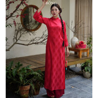 Áo dài gấm xuông đỏ thiết kế tay loe, cổ trụ áo dài Bống ( Áo dài Tường Vy)