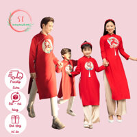 Áo dài gia đình Như Ý Cát Tường màu đỏ chất lụa chéo hàn mềm mại, hoạ tiết thêu cao cấp - Áo dài ST - ST14