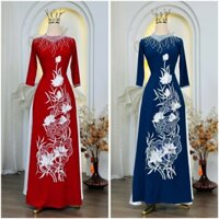 Áo dài Hạ Cúc- Áo dài truyền thống cho mẹ lụa mango cổ tròn tay lỡ thêu hoa sen