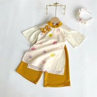 Áo Dài Hoa Lan Quần Vàng Kèm Cài Cho Bé 3-30kg