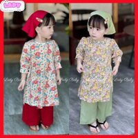 Áo dài HOA NHÍ tết cho bé gái, chất thô mềm in hoa tay bồng dễ thương cho bé,bộ áo dài kèm quần và khăn trùm đầu