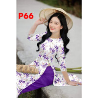 ÁO DÀI HOA NHÍ TÍM CỔ TRÒN TAY LỞ