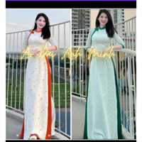 Áo dài hoa nhí vải lụa cao cấp mềm mịn đính nơ màu cam-Áo Dài Anh Minh