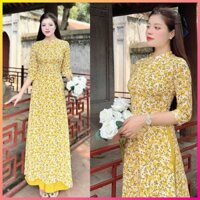 Áo dài hoa nhí vàng cổ v tay lỡ dáng truyền thống - Mã HN03